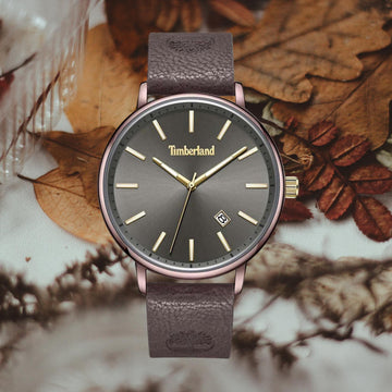 Αντρικό ρολόι Timberland Spencer TDWGB2182803 με καφέ δερμάτινο λουράκι και καφέ καντράν διαμέτρου 42mm με ημερομηνία.